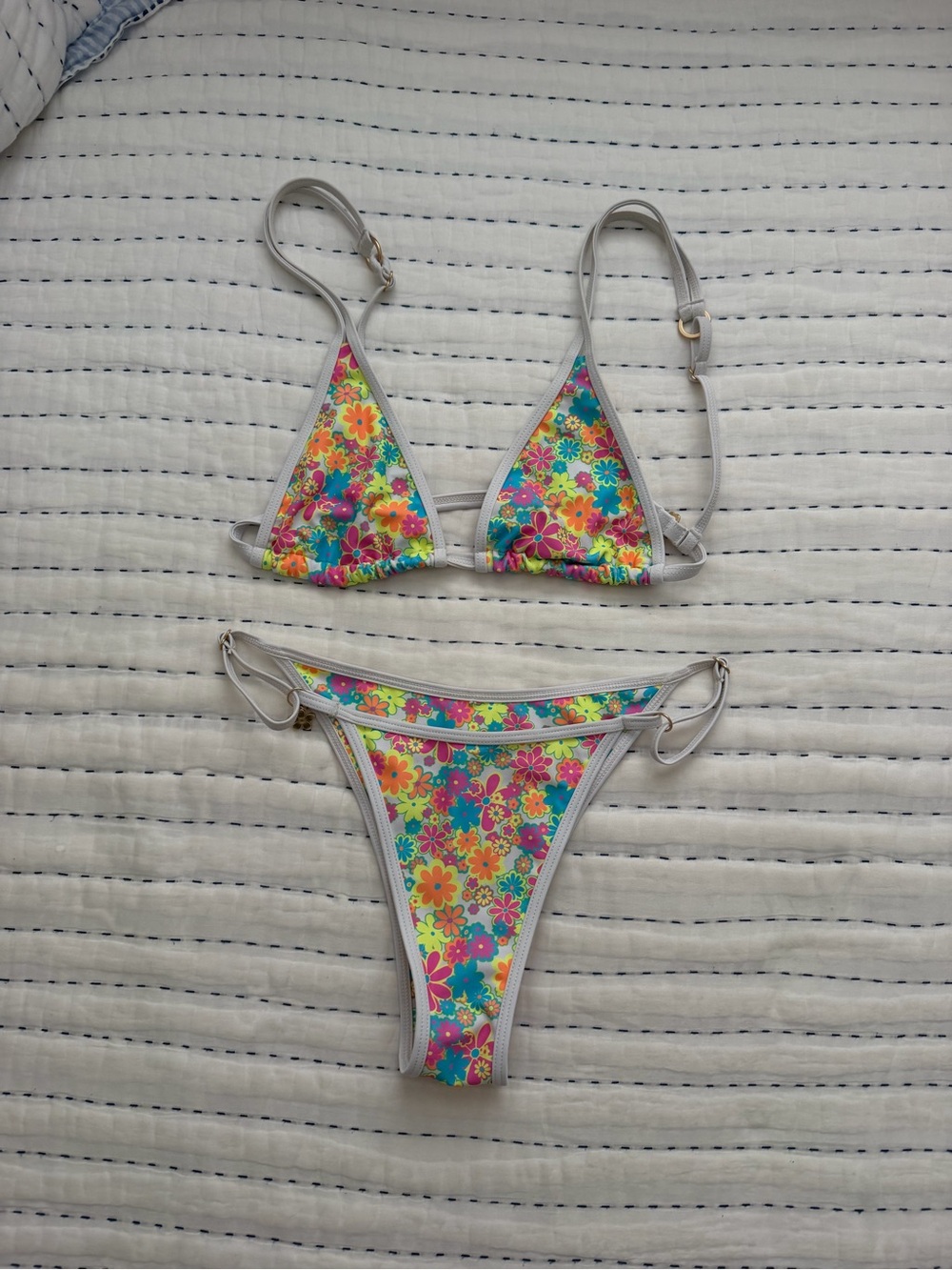 Kulani Kinis Floral Triangle Bikini in White with Multicolor Flowers